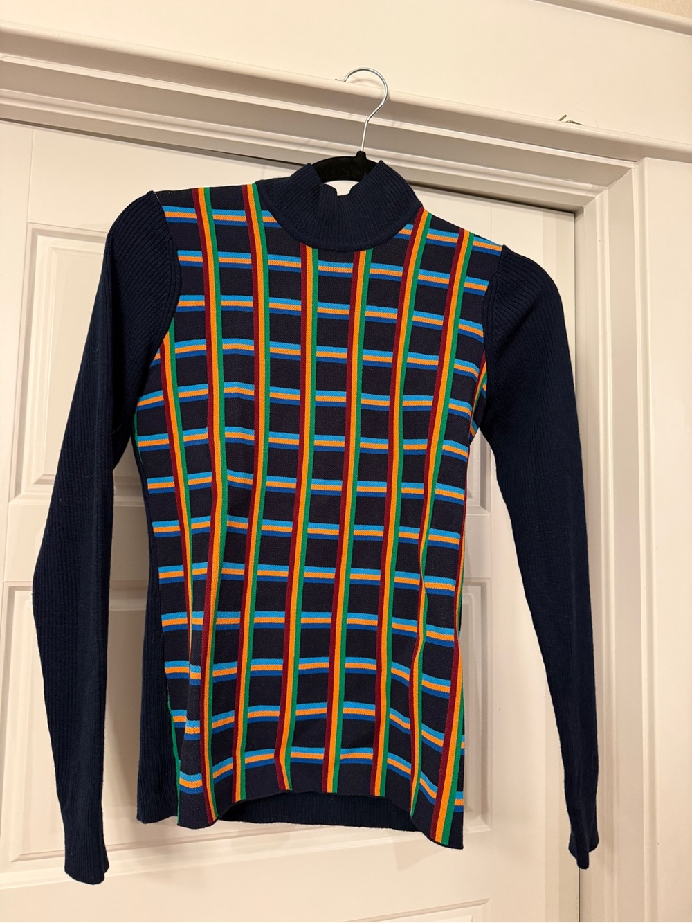 Tory Sport Navy Rainbow-Striped Crewneck Sweater